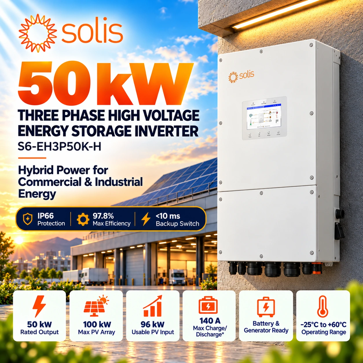 Solis S6-EH3P50K-H 50kW Three Phase HV Commercial Hybrid Inverter Pakistan